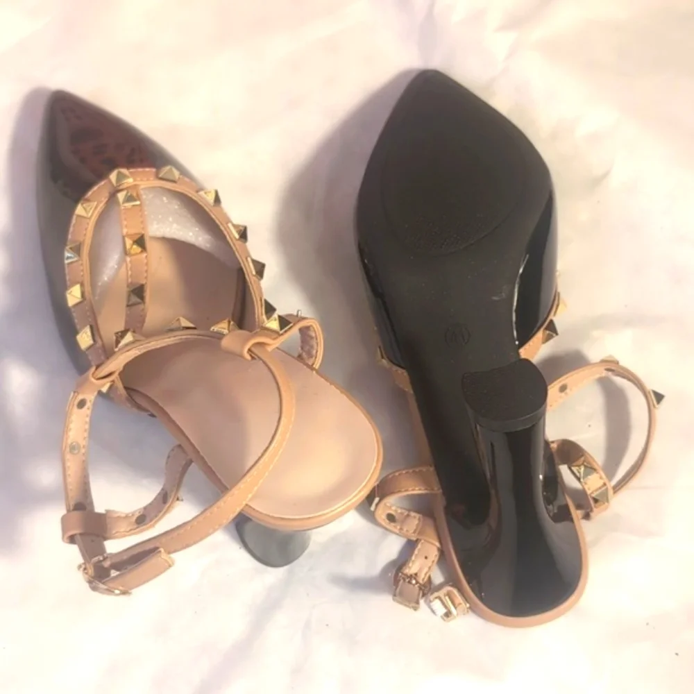 New Classic Two-Tone Black and Beige Heels with T-Strap Design Size 41
